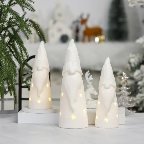 3 Pcs Ceramic Lighted Gnomes Christmas Gnome Decorations White Tree Figurines Holiday Decor Christmas Village Sets for Table Wall Mantle