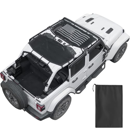 JOYTUTUS Mesh Sun Shade Top for Wrangler JL 4-Door (2018-2026) US Flag Sunshade Custom-Fit Integrated No-Slip Straps UV Blocking Wind & Noise Reduction (Front & Rear)