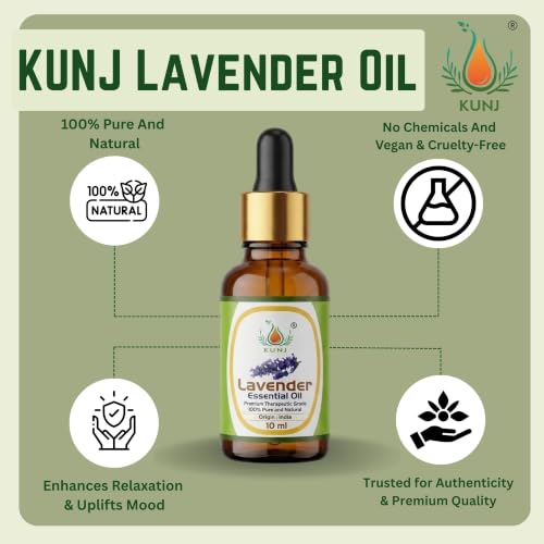 Image of KUNJ Lavender Essential Oil 10ml - 100% Pure & Natural Steam Distilled Oil for Sleep Support, Stress Relief, Relaxation, Aromatherapy, Diffuser & Skin Care