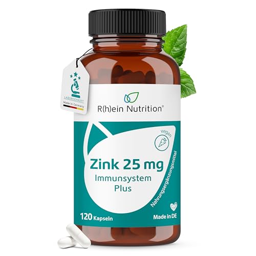 Zink Hochdosiert 25 mg – 120 Zink Kapseln Hochdosiert für 4 Monate Versorgung – Zinkbisglycinat – Vegan & Laborgeprüftin Deutschland – Rhein Nutrition