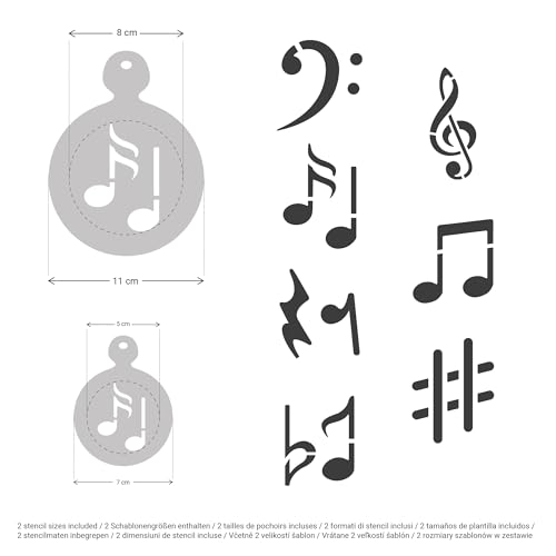 NAKLEO Coffee Stencils and Cookies Decoration 14Pcs 2.8”x2.8” and 4.3”x4.3”, Reusable Plastic Baking Templates, Notes Music Melody, Barista DIY Art Craft, Capuccino Latte Chocolate Cake Biscuit