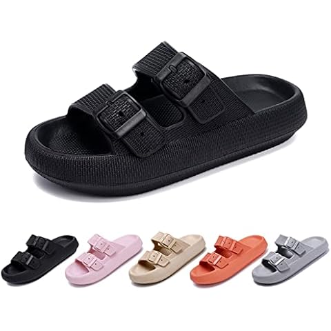 HIDRUO Cloud Slides for Women Men Double Buckle Adjustable Pillow Slippers, Soft Thick Sole Quick Drying Non-slip Open Toe Sandals (Black, 5.5-6.5) Cover