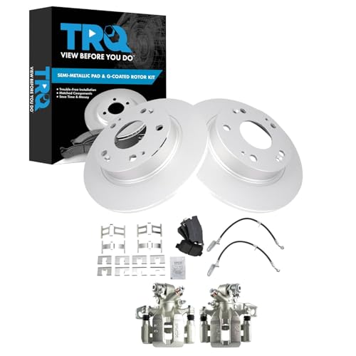 Image of TRQ Rear Brake Pad and Rotor Set Semi Metallic Coated Rotors Calipers Hoses Compatible with 2006-2011 Honda Civic