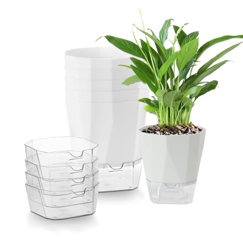 Flower Pots, 6 Piece Self Watering Plant Pots, 12.5cm Plastic Plant Pot with Visual Water Level Window Planter for Garden Plants for Plants for House Garden Window Sill (White)
