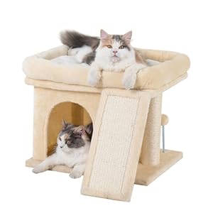 14in Cat Tree Tower with Large Perch, 20 * 16.5 Inch Top Bed for Adult Cats, Scratching Post with Bed for Kittens, Beige