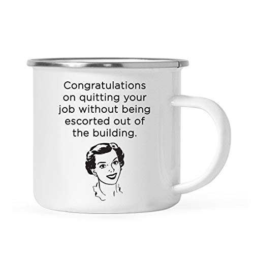 Andaz Press Funny Retirement 11oz. Stainless Steel Campfire Coffee Mug Gift, Congratulations On Quitting Your Job Without Being Escorted Out of The Building, 1-Pack, Camp Cup Gifts Ideas
