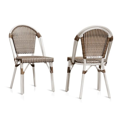 Image of PURPLE LEAF Patio French Bistro Dining Chairs Set of 2, White Finish, Brown