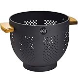 Colander for Kitchen, 6 QT Metal Colander with Wood Handle, Essentials Kitchen Gadgets Strainers and Colanders Food Strainer Basket for Draining Pasta Strainer, Vegetable & Fruit, Black
