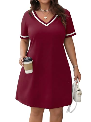 Image of Verdusa Women's Plus Size A Line T Shirt Dress Short Sleeve V Neck Tunic Dresses Casual Outfits