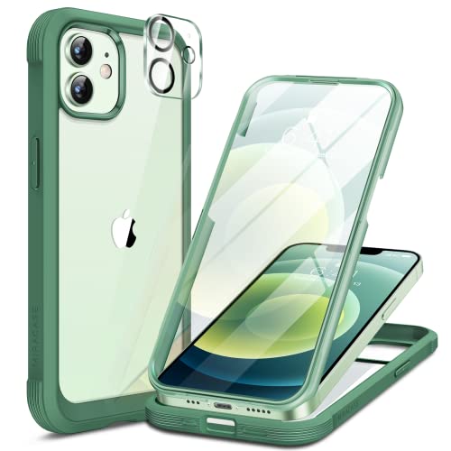 Image of Miracase Glass Series for iPhone 12 /12 Pro Case 6.1 inch, Upgraded Full-Body Rugged Phone Bumper Case Cover with Built-in 9H Tempered Glass Screen Protector and Camera Protector, Green