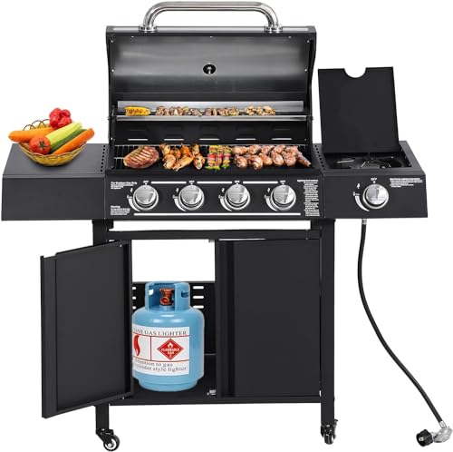 TITIMO 4-Burner Propane Gas Grill with Side Burner 50,000BTU Gas Pipe and Stainless Steel Grates Outdoor Cooking BBQ Grills Perfect Patio Garden Barbecue Grill