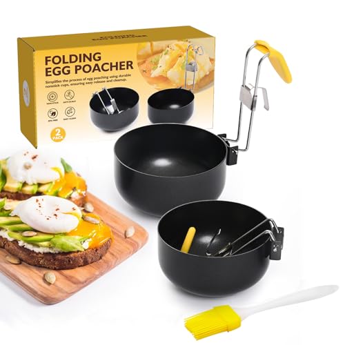 Poached Egg Pan, 2 Pcs Poached Egg Moulds and 1 Oil Brush, Anti-Scald Folding Handle Poached Egg Maker, Non-Stick Egg Poacher Boiled Eggs for Kitchen Tool, Suitable for Egg Frying,Shaping