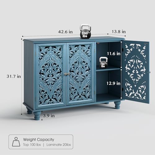 Image of Accent Cabinet with 3 Doors, Decorative Storage Cabinet with Adjustable Shelf, Carved Sideboard Buffet with Solid Wood Legs for Living Room, Entryway, Kitchen, Hallway, Blue
