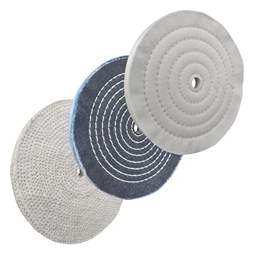 3PC 8 Inch Polishing Buffing Wheel Kit for Bench Grinder, with Each 1PC Sisal/Denim and Cotton Wheel with 1/2 Inch Thickness and 5/8 Inch Arbor Hole, for Polishing Stainless Steel/Aluminum/Brass