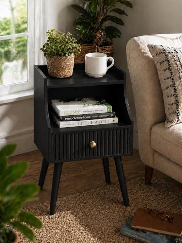 Image of ETIQUETTE ART Modern Fluted Nightstand with Drawer and Open Storage Shelf, Bedside Table with Round Edge, Boho Night Stand with Solid Wood Legs & Knob Handle End Table for Bedroom (Black)