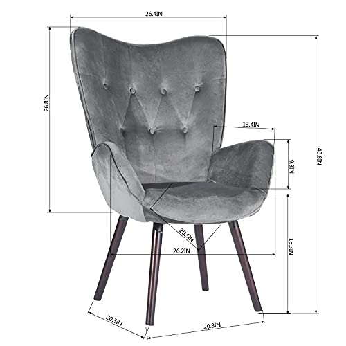 Furniutrer Modern Wingback Velvet Lounges Chaise Tufted Armchair With Upholstery Tall Back Desk, Solid Wood Legs For Living Bedroom Waiting Room Leisure Accent Chair, Grey #TOP2