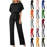 HOOUDO Women's Jumpsuits & Playsuits Petite Summer Short Sleeve Playsuits Ladies Plain Casual Wide Leg Pant Belted Romper Formal Wedding Overalls Baggy One Piece Outfits Dungarees My Orders UK 2025