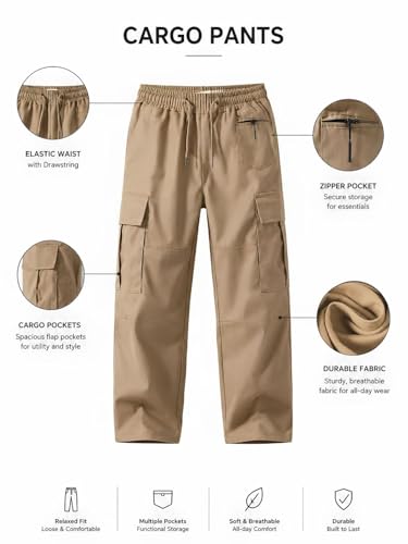 Image of Cargo Cotton Pants for Men's| Relaxed Fit Cargo Trousers| Multi Pocket Casual Streetwear Bottom| Drawstring Elastic Waistband Utility Pants for Men| Comfortable Lower for Men