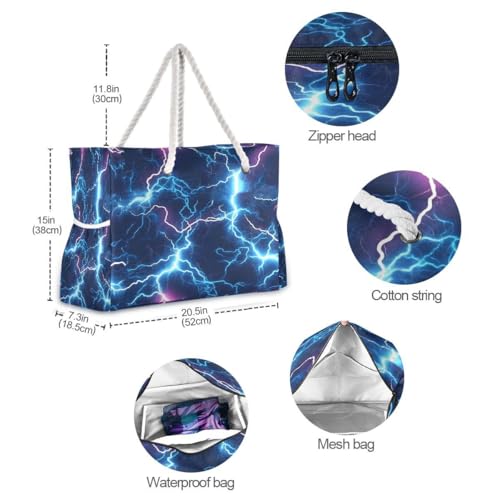 Large Beach Bags Totes Canvas Tote Shoulder Bag Blue Lightning Water Resistant Bags for Gym Travel Daily4
