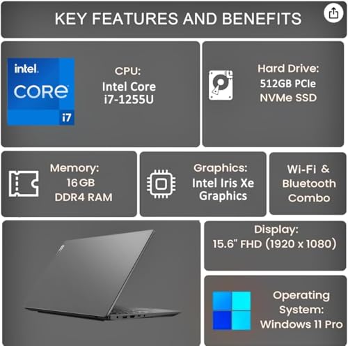 Image of Lenovo Laptop V15 for Business, Home, Student (15.6 inch FHD Anti-Glare, Intel i7-1255U, 16GB RAM, 512GB SSD), Numeric Keypad, Webcam w /Shutter, Type-C, RJ-45, Wi-Fi, Win 11 Pro (Renewed)