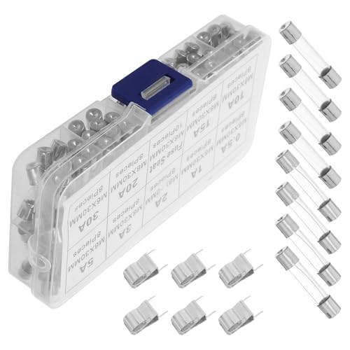 TEHAUX Kit Fusibili in Vetro a Rottura Rapida 05-30A Mini Fusibili in Tubo di Vetro Assortiti 72 Pezzi per Elettronica Auto e Luci di Natale Protezione Circuiti Installazione senza