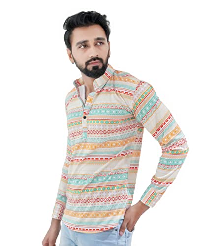 Image of Men's Casual Lycra Digital Print Cotton Blend Regular Full Sleeves with Mandarin Collar Kurta - Combo of 3, Yellow | C3 Y Multi GY