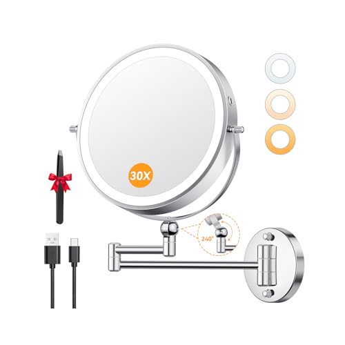 Auxmir 9'' Wall Mounted Lighted Makeup Mirror, 5000mAh Rechargeable Double Sided 30X/1X Magnifying Mirror, Height Adjustable, 360° Swivel Dimmable Shaving Mirror with Extendable Arm for Bathroom