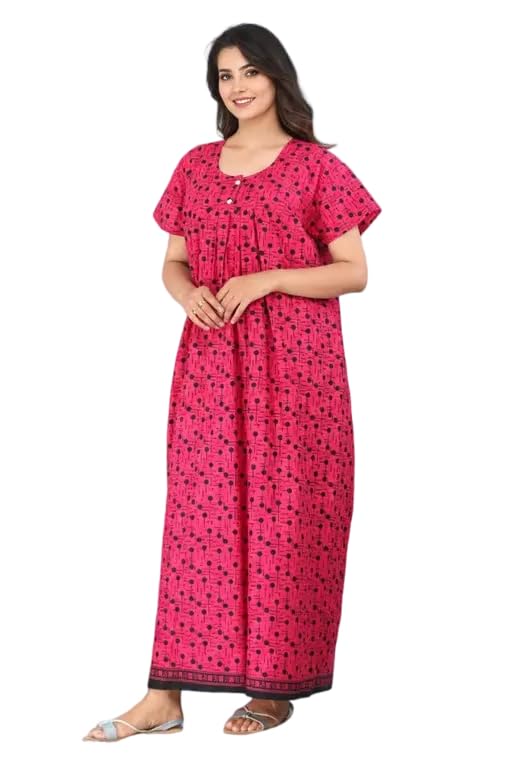 Nidhi Arts Women's Cotton Floral Printed Round Neck Pleated Short Sleeves Gathered Hem Relaxed Fit Nighty_30_NGH_PRNT_30-picture-54
