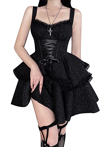 Sunidol Womens Steampunk Corset Party Mini Dress Gothic High Waist Lace Up Sexy Backless Y2K Grunge Emo Dresses Black M