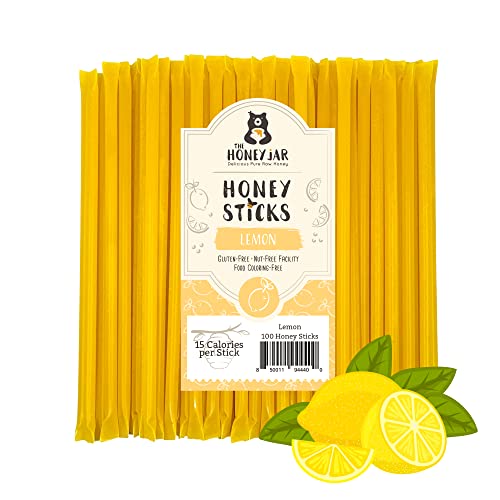 The Honey Jar Lemon Flavored Raw Honey Sticks - Pure Honey Straws For Tea, Coffee, or a Healthy Treat - One Teaspoon of Flavored Honey Per Stick - Made In The USA with Real Honey - (100 Count)