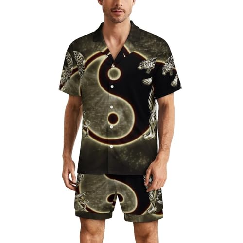 Men's Button-Down Pajama Sets Yin Yang Dragons Tiger Casual Short Sleeve Shirt And Shorts Suits Outfits