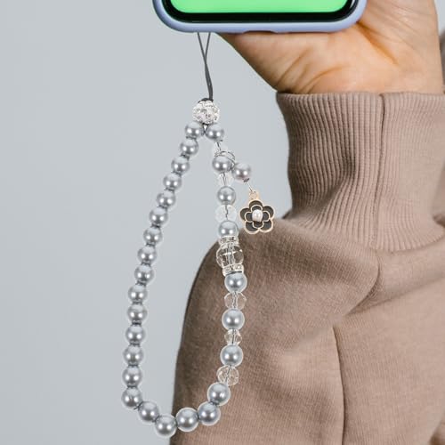 Cadena para celular de perlas artificiales y cuentas grises con acabado de flor detallado 6