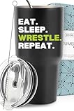 Funny Wrestling Tumbler 30oz, Eat Sleep Wrestle Repeat, Unique Presents for Wrestling Lovers and Fans, Coaches Gifts for Men, Ideal Present Picks for Birthday, Father's Day, Christmas, Gift Ready