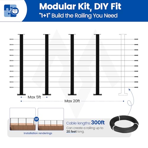 Muzata 15-20FT Modular Black Cable Railing Kit 36 Inch 4 Level Post Kit Complete Set Cable Railing System for Decks Length Adjustable Easy DIY with Paper User Guide (No Handrail) RWS2 BH4S
