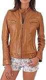 Ganloz Women's Lambskin Leather Bomber Biker Jacket - camel Tan - Medium