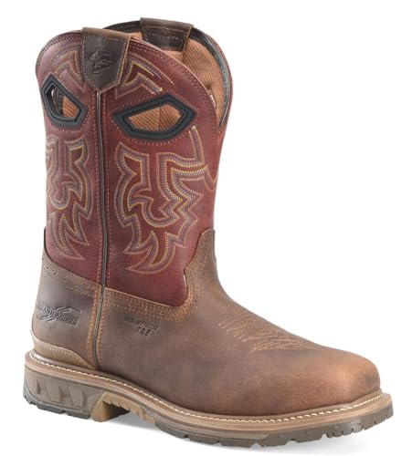 DOUBLE-H Phantom Rider Brock 11” Wide Square Composite Toe Roper Boots for Men with Brown Barnyard Acid Resistant Leather and Red Leather Quarter
