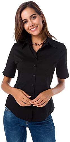 Atnlewhi Womens Basic Button Down Shirts Short Sleeve Cotton Simple Stretch Formal Casual Blouse Black