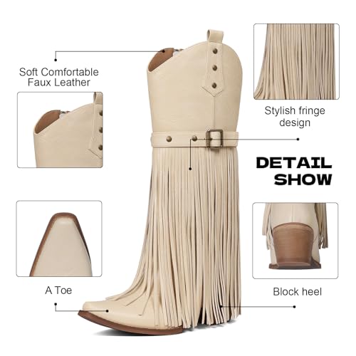 Image of Cowgirl Boots for Women Retro Pointed Toe Pull On Block Chunky Heel Embroide Tassel Country Concert Outfits Mid Calf Western Fringe Cowboy Boots
