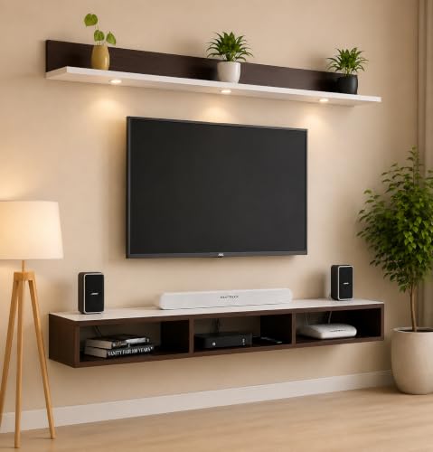 Image of Bros Moon Wall Mounted TV Cabinet Parallel Rooftop Model, Choco White, pre-Laminated, Wood, for Living Room, Suits TV up to 55 Inches (Choco White, Rooftop 48 Inches Base with Light)