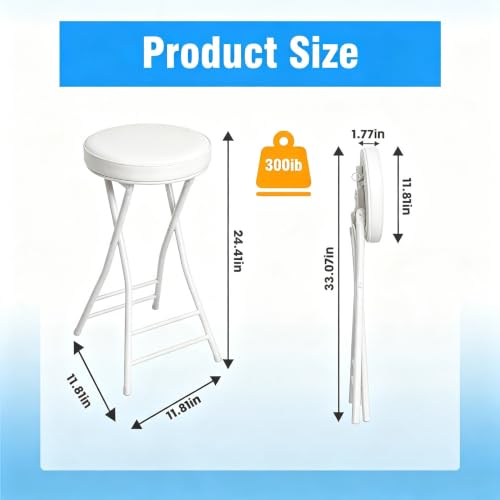 Image of Folding Bar Stool,24 Inch Tall Foldable Stool Chair,Counter Height Cushioned Leather Padded Portable Stools,Heavy Duty Collapsible Stools for Kitchen Island Garden Camping White