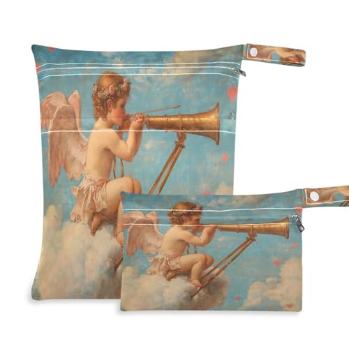 Takiito Valentine Cupid in Cloud 2 Pcs Wet Dry Bags for Cloth Diapers, Waterproof & Reusable Wet Bag for Nursery Beach Pool Gym with Two Zippered Pockets