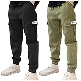 BXJX 2 Pack Boys Cargo Pants Casual Elastic Waist Pull On Trousers with Multi Pockets Fashion School Pants for Boys 3-14Y Baby Boy Fall Clothes Dark Gray 12 Years