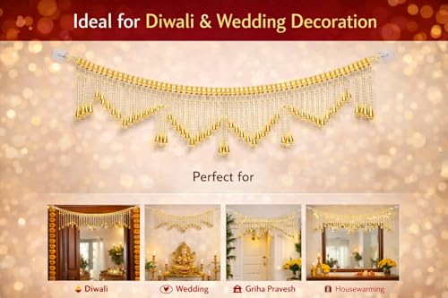 Image of Elegant Pearl Beads Toran for Door | Golden Bell Bandarwal | 3 Feet Length | Lightweight Traditional Door Hanging for Diwali, Pooja, Wedding & Griha Pravesh