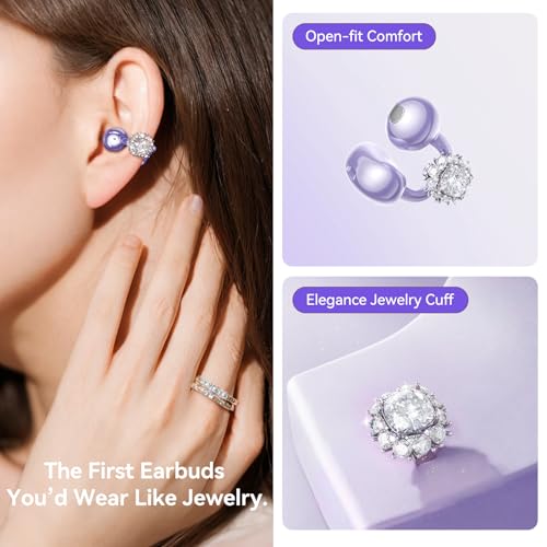 Kinglucky Jewelry-Inspired Clip-On Earbuds with Diamond Earrings, Comfortable Fit & 40H Playtime Open Ear Bluetooth 5.4 Wireless Headphones for Women, Small Ears, Sports & Workouts (Purple) — view 2
