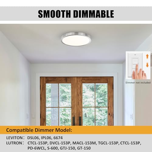 Image of 12 Inch Flush Mount LED Ceiling Light Fixture, Slim Dimmable Flush Mount Light for Kitchen, Metal and Glass Modern Ceiling Light for Low Ceiling, Bedroom, Laundry, Brushed Nickel, 22W, 3000K, 2 Pack