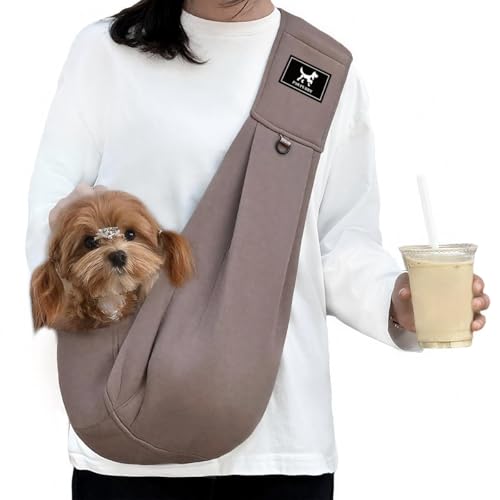 PAWPUBBY Dog Sling Carrier for Small Dogs & Cats up to 15 lbs Hands-Free Pet Carrier Bag Plus Size L Fits 47-53 in Bust Padded Strap Safety Leash Caramel