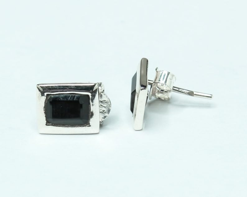 Boucle d'oreille onyx noir rectangulaire, puce argent 925 solitaire - 3