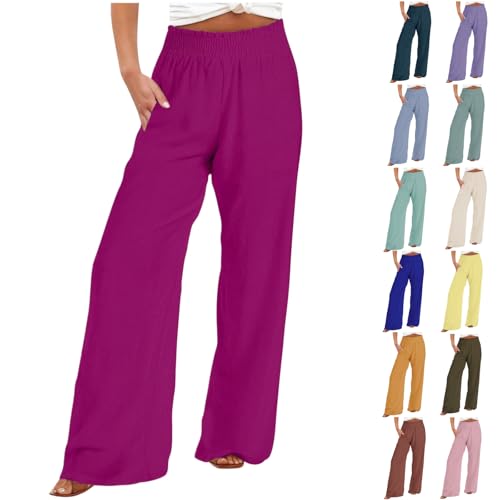 Palazzo Pants for Women Casual, Plus Size Smocked High Waisted Flowy Pants Wide Leg Linen Trousers with Pockets 2025