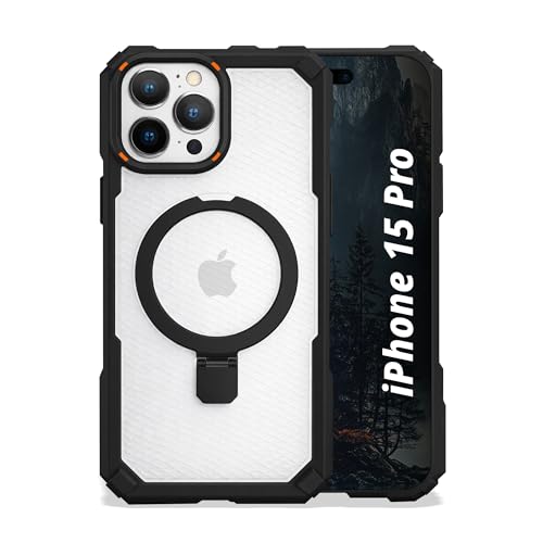 Image of AIBEX Transparent Back Cover Compatible for iPhone 15 Pro| Mag-Saf Magnetic Ring Kickstand | Shockproof Dual Layer Military Grade Drop Protection Armor Case| Wireless Charging Support - Black