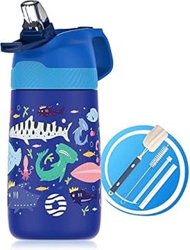 Fjbottle Borraccia Bambini Acciaio Inox con cannuccia 350ml, Borraccia Termica senza BPA, bottiglia da viaggio per scuola, campeggio